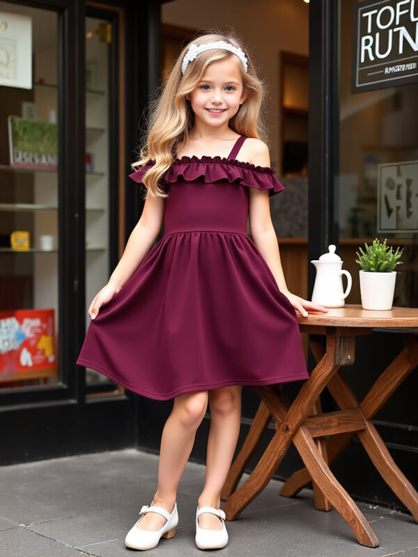 Girls summer fashion dress strapless off-shoulder lotus leaf cape casual dress waist dress - Image 2