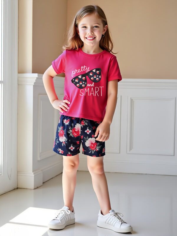 Summer girls pink positioning pattern T-shirt plus random flower print shorts casual girls two-piece suit - Image 2