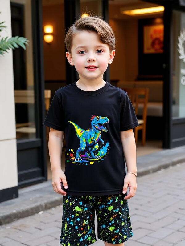 Summer European and American teenagers boys dinosaur positioning splash ink dot pattern round neck T-shirt + printed shorts set - Image 4