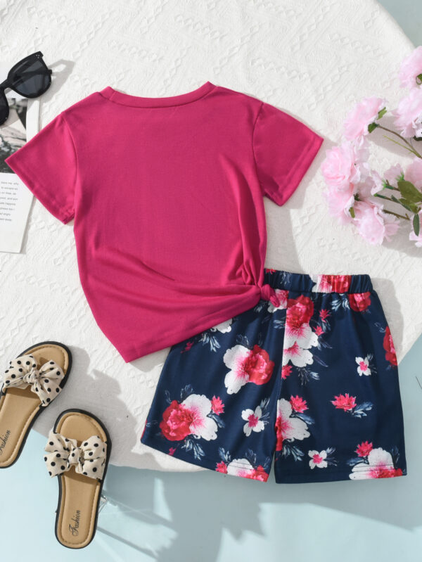 Summer girls pink positioning pattern T-shirt plus random flower print shorts casual girls two-piece suit - Image 4