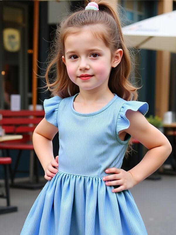 Girls summer vertical striped dress Girls small flying sleeve waist ruffled dress with flower pattern hem - Image 3