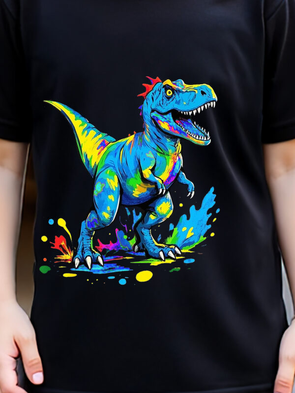 Summer European and American teenagers boys dinosaur positioning splash ink dot pattern round neck T-shirt + printed shorts set - Image 5