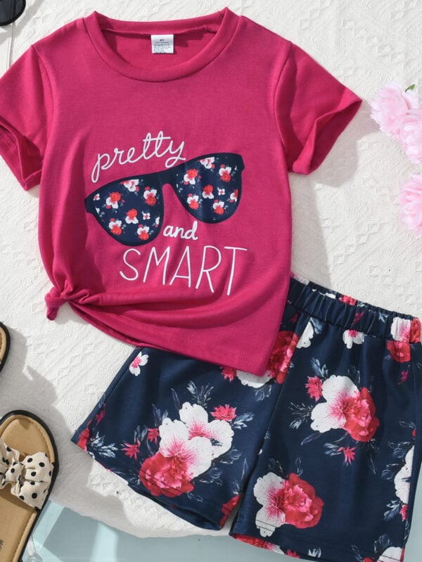 Summer girls pink positioning pattern T-shirt plus random flower print shorts casual girls two-piece suit - Image 6