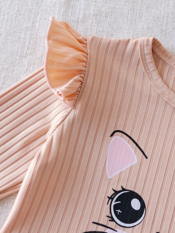 Girls autumn trend round neck shoulder with ruffles decoration with vertical stripes texture long sleeve style top + with trousers with cat pattern tight pants set - Image 4