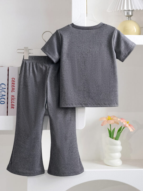Girls Summer Trendy Round Neck Positioning Stereoscopic Decorative Flowers + Flared Pants Trousers Set - Image 2