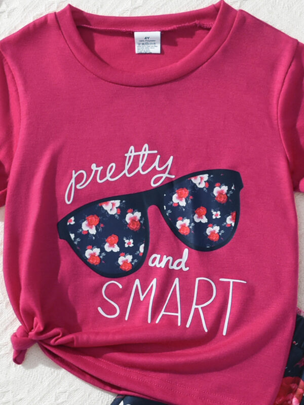 Summer girls pink positioning pattern T-shirt plus random flower print shorts casual girls two-piece suit - Image 5