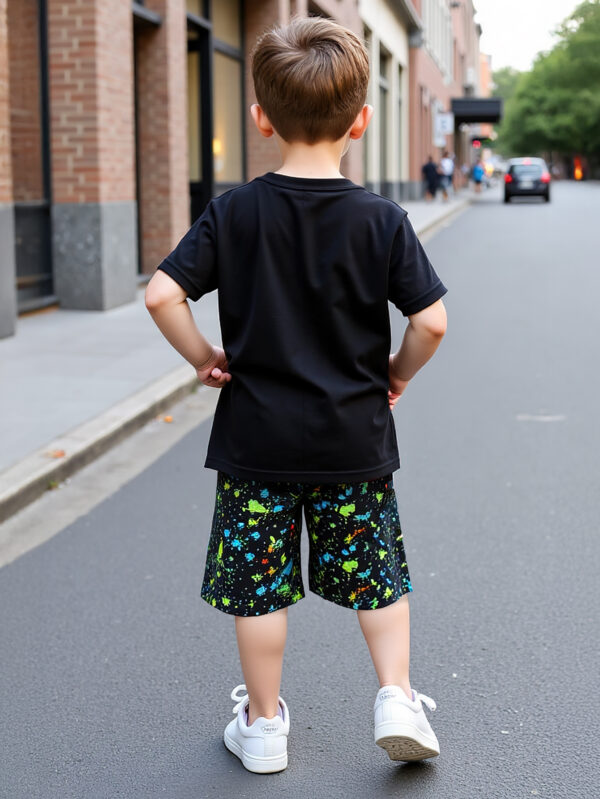Summer European and American teenagers boys dinosaur positioning splash ink dot pattern round neck T-shirt + printed shorts set - Image 3