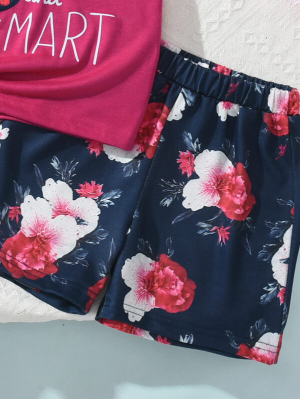 Summer girls pink positioning pattern T-shirt plus random flower print shorts casual girls two-piece suit - Image 7