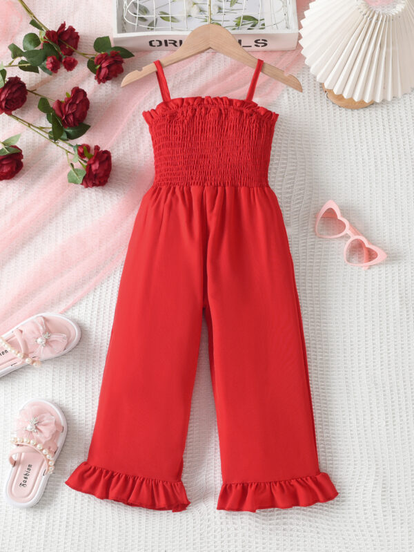 Girls Summer Suspender Top Lace Collar Red Jumpsuit Suspender Trumpet Hem Trousers - Image 2