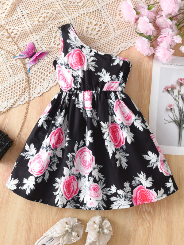 Girls One Shoulder Random Large Print Pattern Dress Waist Ruffle Print Pattern Casual Dress - Image 2