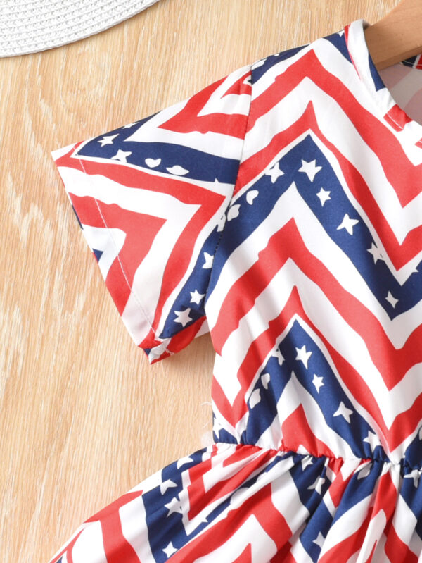 Girls summer contrast striped star pattern round neck short sleeve waist ruffle one-piece casual dress - Image 4