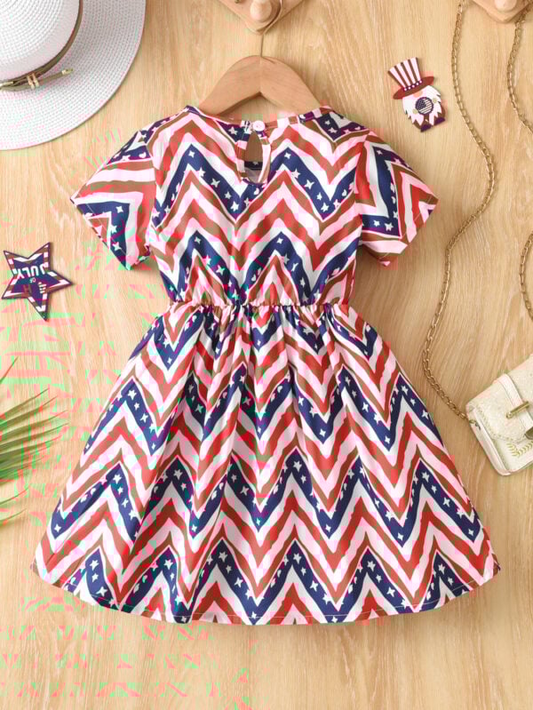 Girls summer contrast striped star pattern round neck short sleeve waist ruffle one-piece casual dress - Image 2