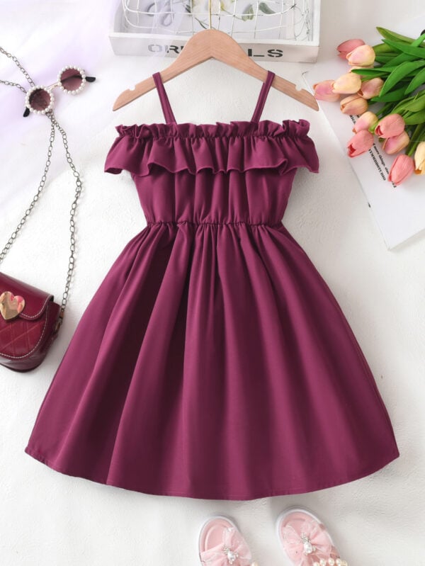 Girls summer fashion dress strapless off-shoulder lotus leaf cape casual dress waist dress - Image 4