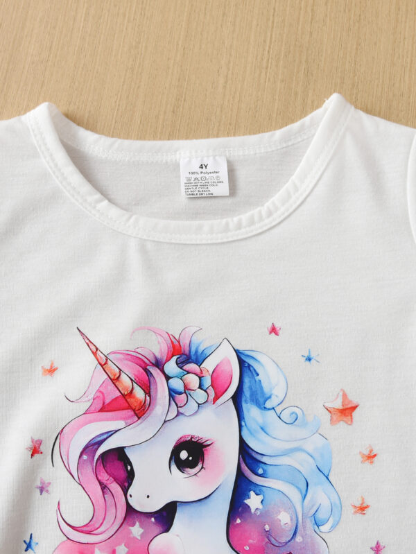 Girls Summer Trend Unicorn Print Pattern Suit Round Neck Short Sleeve + Pink Shorts Suit - Image 5