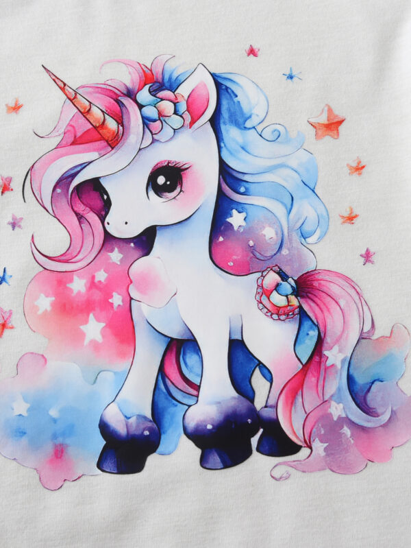 Girls Summer Trend Unicorn Print Pattern Suit Round Neck Short Sleeve + Pink Shorts Suit - Image 7