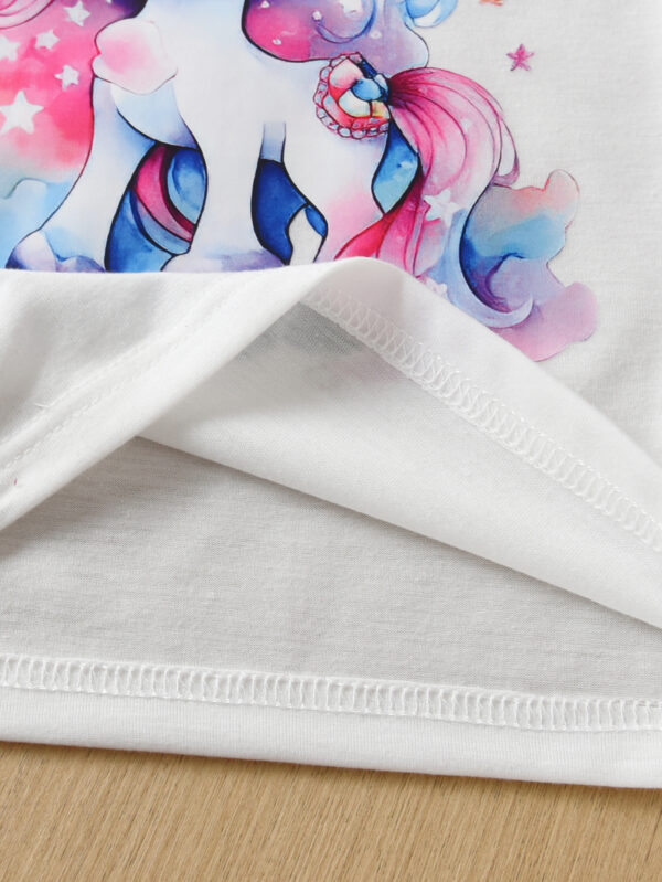Girls Summer Trend Unicorn Print Pattern Suit Round Neck Short Sleeve + Pink Shorts Suit - Image 8