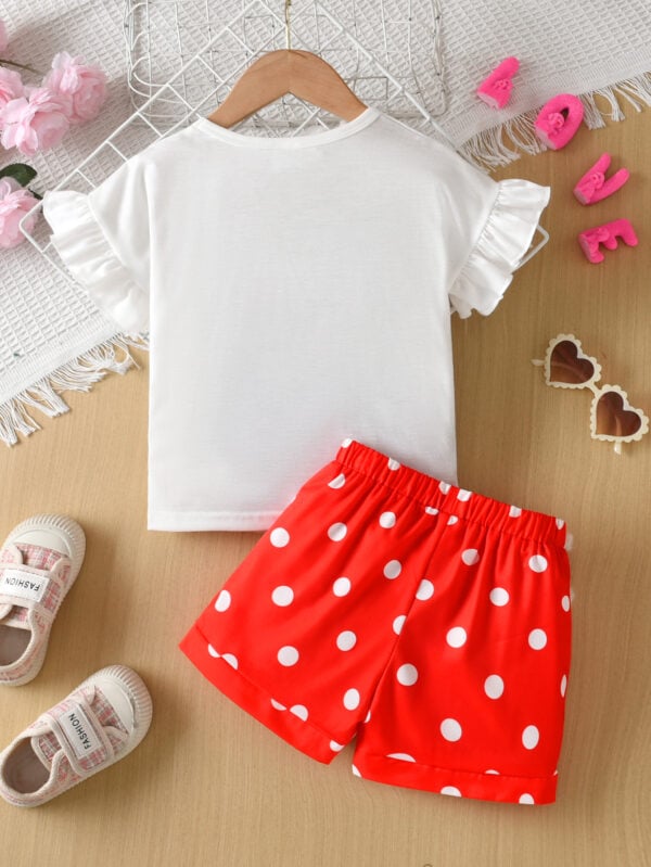 Girls Summer Fashion Bow Pattern Round Neck Small Flying Sleeve Top Polka Dot Shorts Set Outdoor Comfortable - Image 2