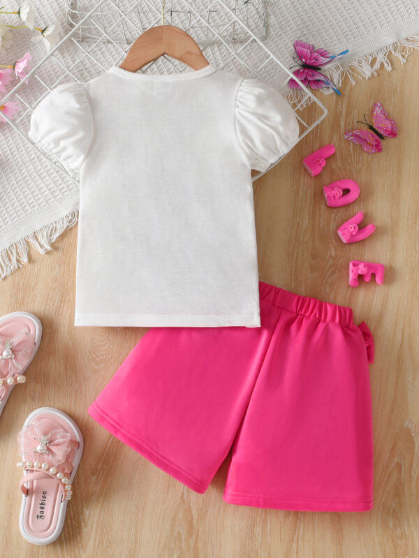 Girls Summer Rabbit Pattern Top + Skirt Bow Decorated Puff Sleeve Top + Bow Shorts Set - Image 2