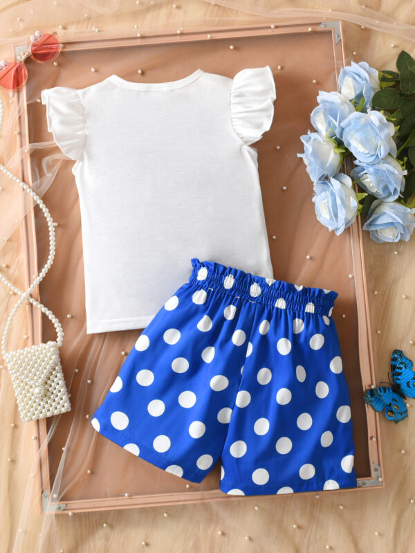 Girls Summer Bow Top Set Lotus Sleeve Trendy Small Flying Sleeve Top + Polka Dot Shorts Two-piece Set - Image 2