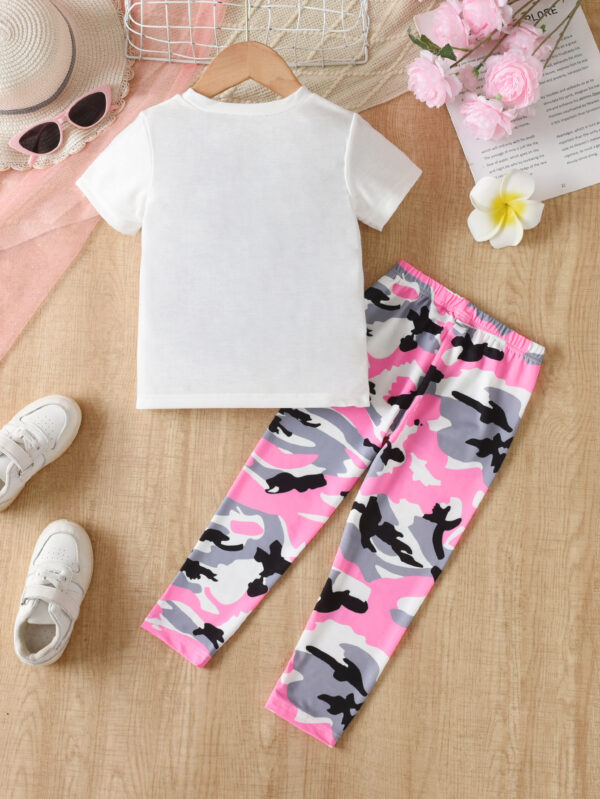 Girls Summer Fashion Set Round Neck Short Sleeve White T-shirt with Positioning Cartoon Pattern + Tie-Dye Pants Set - Image 2