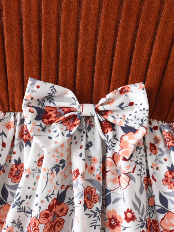 Girls&apos; Autumn Floral Dress Long Sleeve Knitted Spliced Top Waist Bow Retro Princess Style Dress - Image 4