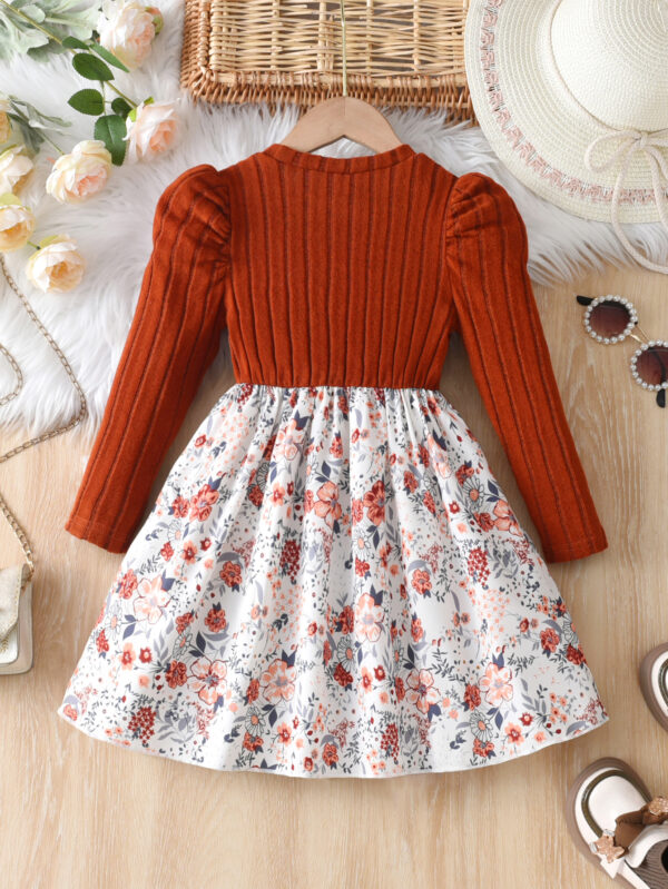 Girls&apos; Autumn Floral Dress Long Sleeve Knitted Spliced Top Waist Bow Retro Princess Style Dress - Image 2