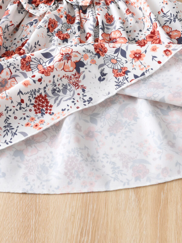 Girls&apos; Autumn Floral Dress Long Sleeve Knitted Spliced Top Waist Bow Retro Princess Style Dress - Image 8