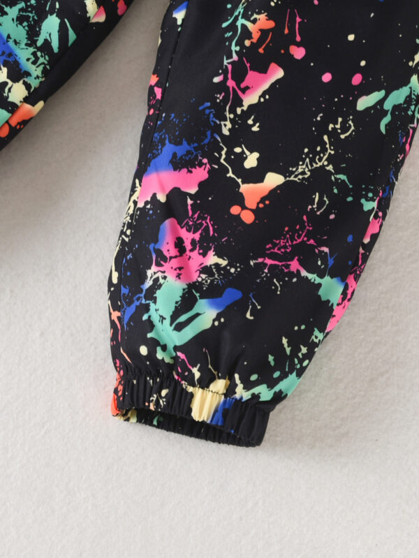 Girls Autumn V-neck long-sleeved short top black with colorful splash-ink pattern trousers - Image 8
