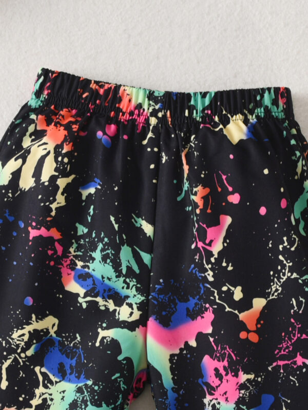 Girls Autumn V-neck long-sleeved short top black with colorful splash-ink pattern trousers - Image 6