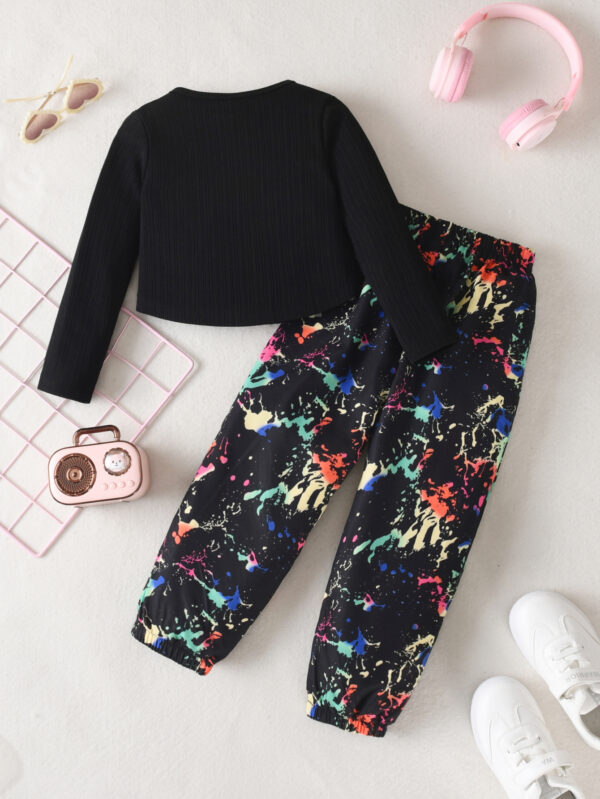 Girls Autumn V-neck long-sleeved short top black with colorful splash-ink pattern trousers - Image 2