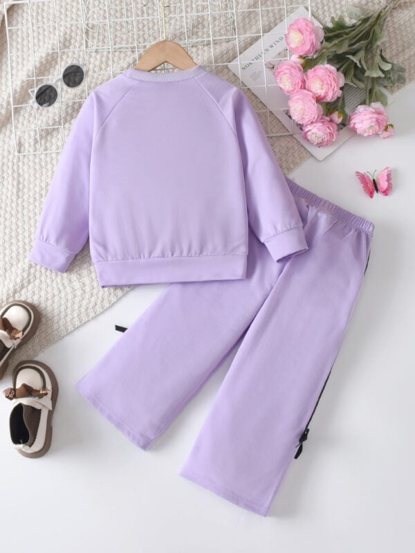 Girls autumn trendy round neck long sleeve loose version sweater + side bow trousers set - Image 2