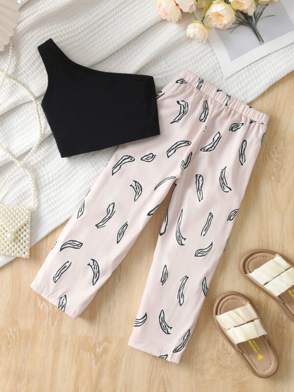Girls Summer Fashion Trousers Set One Shoulder Suspender Top + Irregular Leaf Print Trousers Set - Image 2