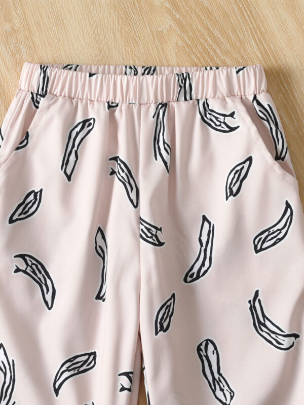 Girls Summer Fashion Trousers Set One Shoulder Suspender Top + Irregular Leaf Print Trousers Set - Image 3