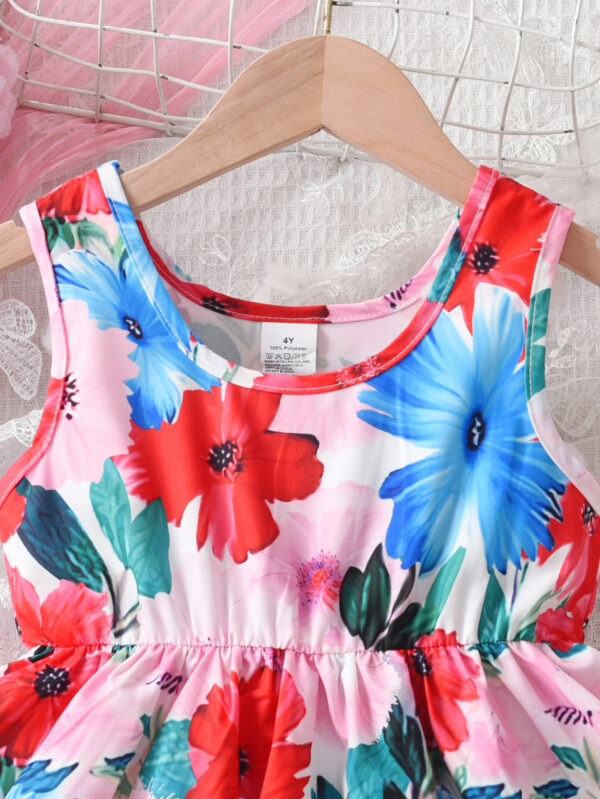 Summer girls casual contrast color printed sleeveless dress sleeveless waist round neck ruffled one-piece dress - Image 3