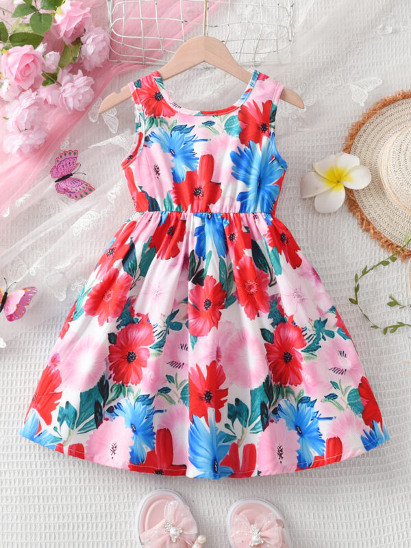 Summer girls casual contrast color printed sleeveless dress sleeveless waist round neck ruffled one-piece dress - Image 2
