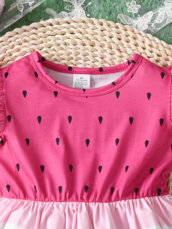 Girls summer cute novel fresh watermelon print striped round neck small flying sleeve elastic waist dress - Image 3