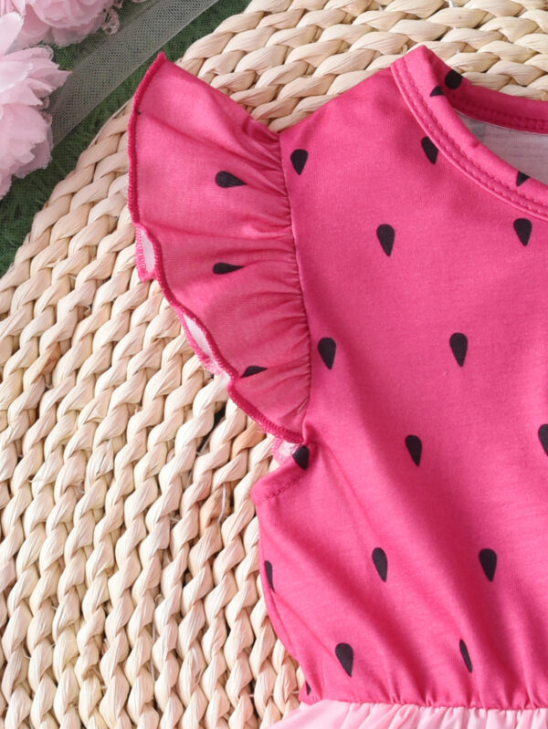 Girls summer cute novel fresh watermelon print striped round neck small flying sleeve elastic waist dress - Image 4