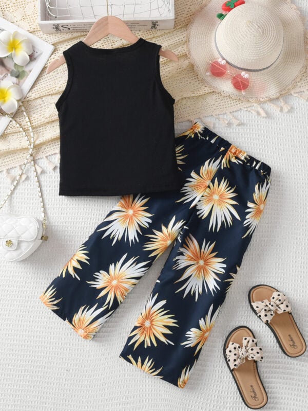 Summer Girls Fashion Sleeveless Trousers Set Sleeveless Top + Random Pattern Print Trousers Set - Image 2