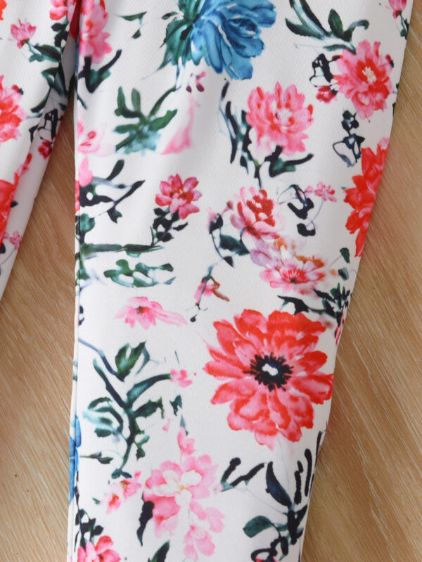Summer Girls&apos; Flying Sleeve Top with Positioning Printing Pattern + Random Printing Flower Pants Outdoor Fashion Set - Image 10