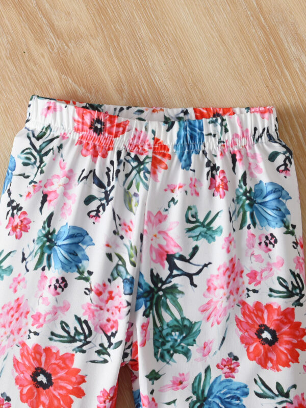 Summer Girls&apos; Flying Sleeve Top with Positioning Printing Pattern + Random Printing Flower Pants Outdoor Fashion Set - Image 8