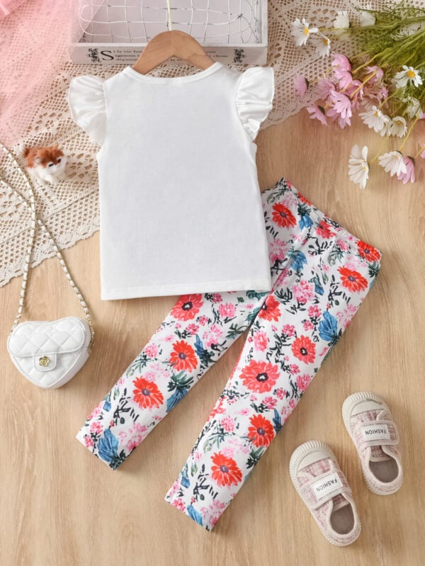 Summer Girls&apos; Flying Sleeve Top with Positioning Printing Pattern + Random Printing Flower Pants Outdoor Fashion Set - Image 4