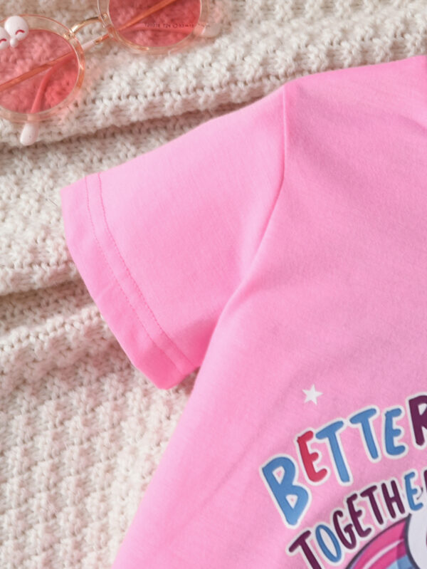Girls summer trendy pink short-sleeved monologue T-shirt plus pink trousers unicorn pattern suit - Image 4