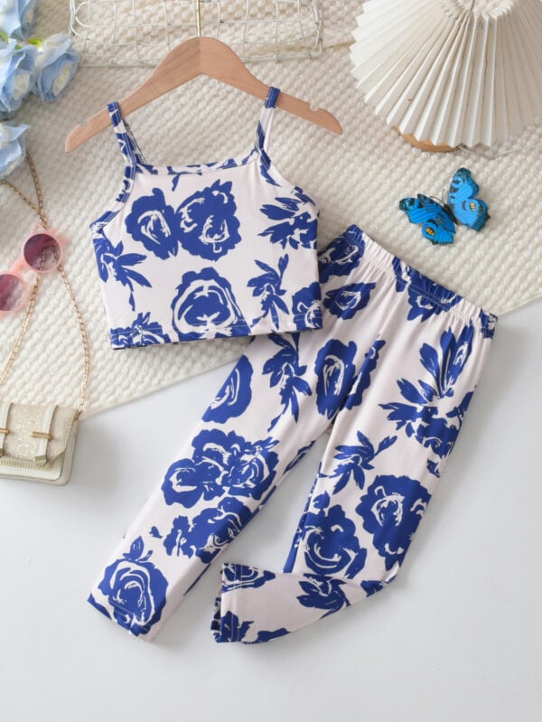 Summer girls fashion suspender suit Summer random print suspender top + random print trousers suit - Image 2