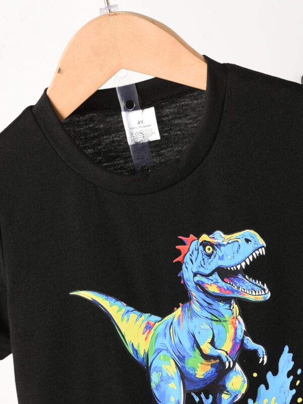 Summer European and American teenagers boys dinosaur positioning splash ink dot pattern round neck T-shirt + printed shorts set - Image 8