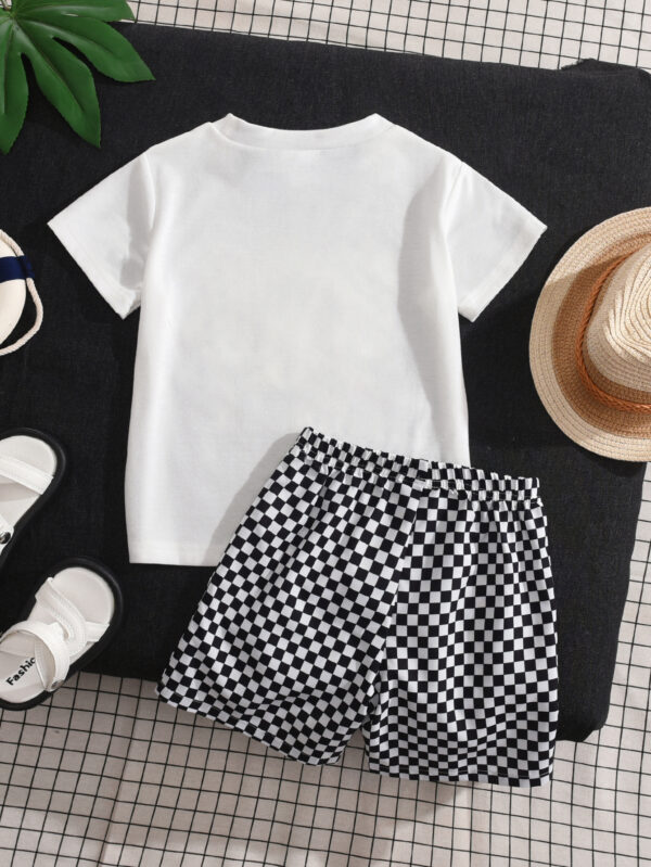 Boys&apos; new fashion plaid summer palm tree letter pattern comfortable round neck short sleeve shorts two-piece suit - Image 2