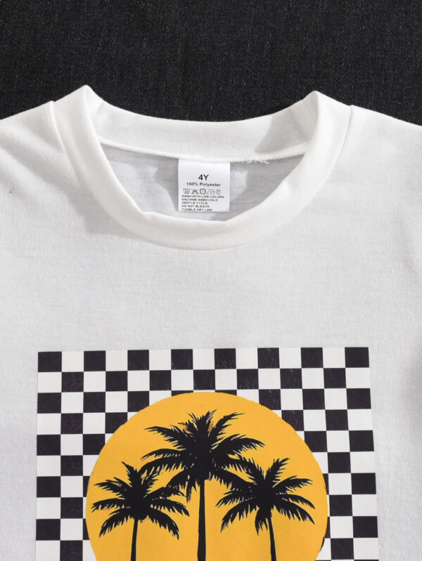 Boys&apos; new fashion plaid summer palm tree letter pattern comfortable round neck short sleeve shorts two-piece suit - Image 3
