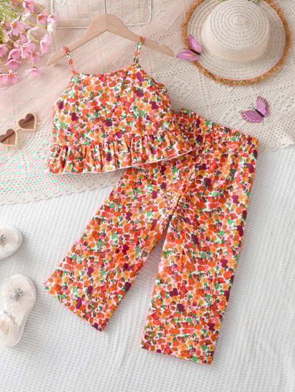 Girls summer suspender ruffle top + wide-leg pants light and breathable suitable for holiday beach trousers set - Image 2