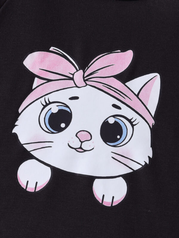 Girls Fall Round Neck Long Sleeve Pink Heart Pattern and Cartoon Cat Pattern Flared Trousers Set - Image 4