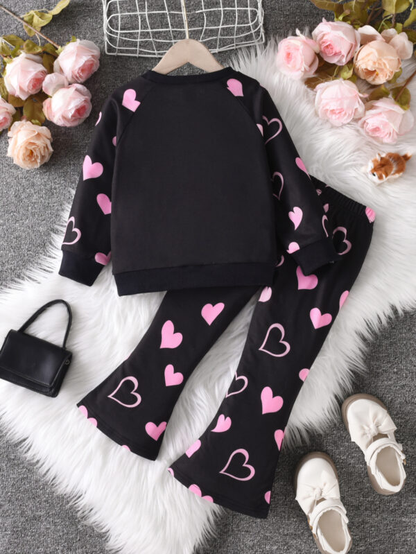 Girls Fall Round Neck Long Sleeve Pink Heart Pattern and Cartoon Cat Pattern Flared Trousers Set - Image 2