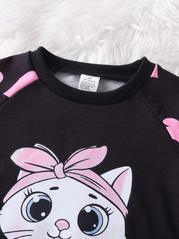 Girls Fall Round Neck Long Sleeve Pink Heart Pattern and Cartoon Cat Pattern Flared Trousers Set - Image 3